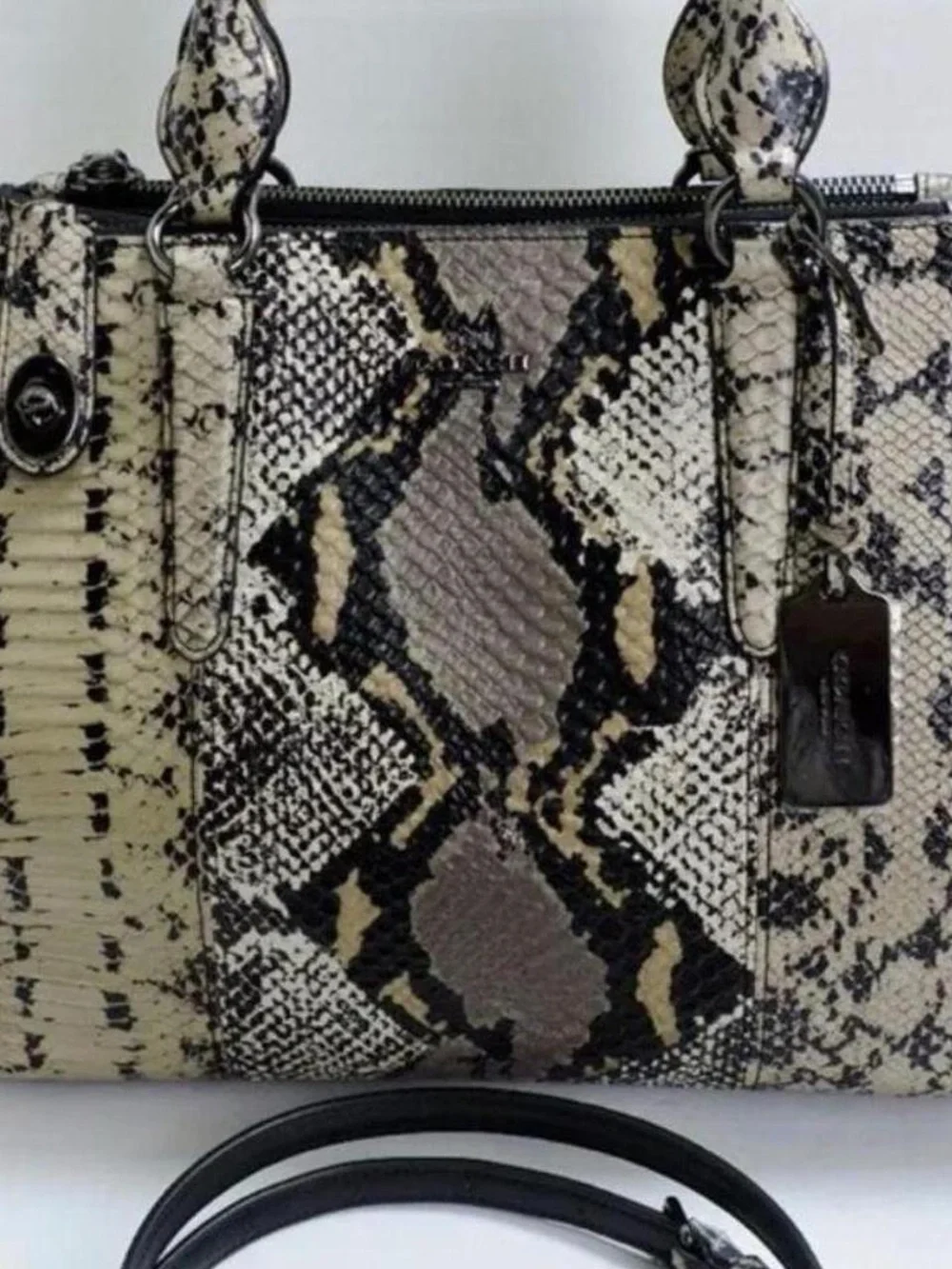 Coach Snake-Print Satchel in Black, Cream & Taupe